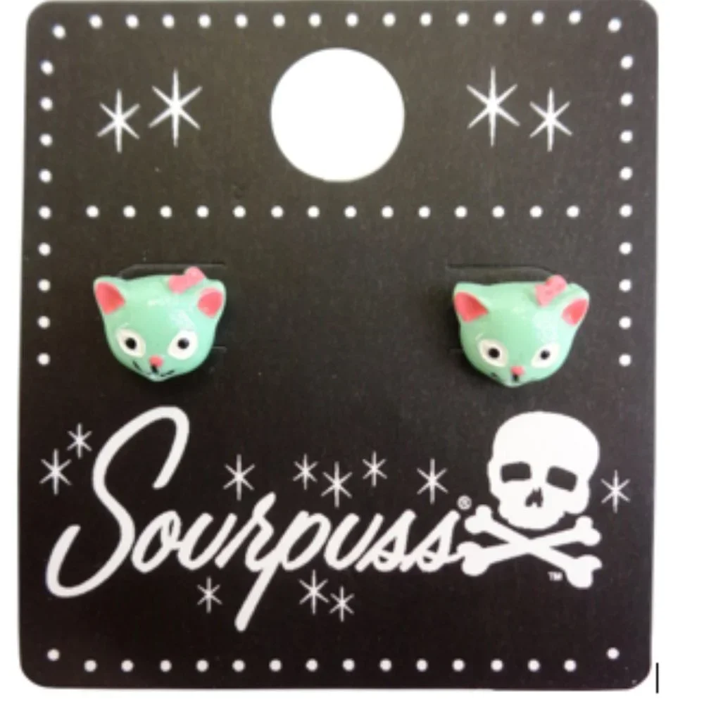 Mint Green and Pink Cat Studs - 1950s Kitsch Vintage Inspired Kittens Cute NWT - Picture 1 of 2